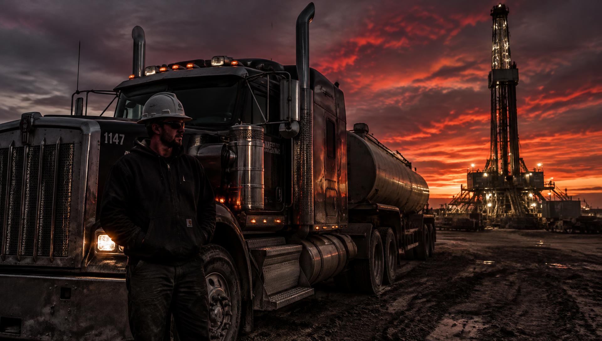 Oilfield water hauler in a hard hat beside a black long-nose truck with a drilling rig behind