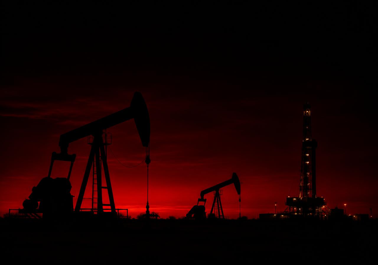 Pumpjacks and a drilling rig at dusk