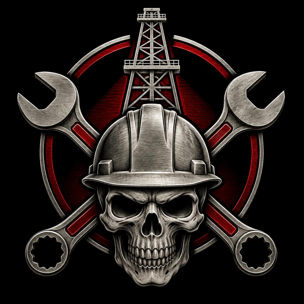 Oil & Iron skull artwork with hard hat, crossed wrenches and derrick